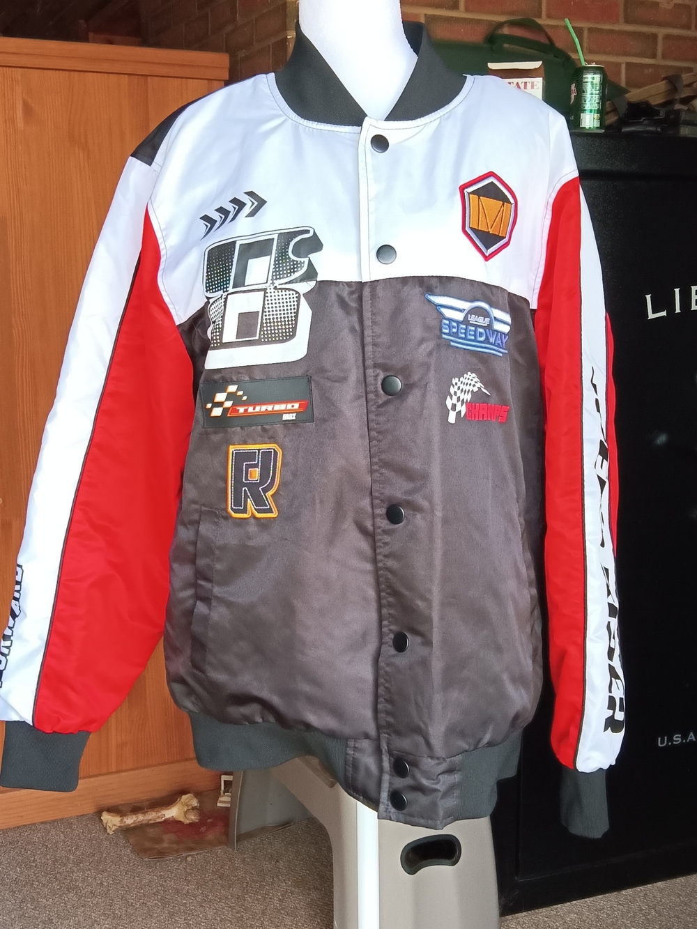 Men Racing Patchwork Bomber Jacket - White/Red/Gray
